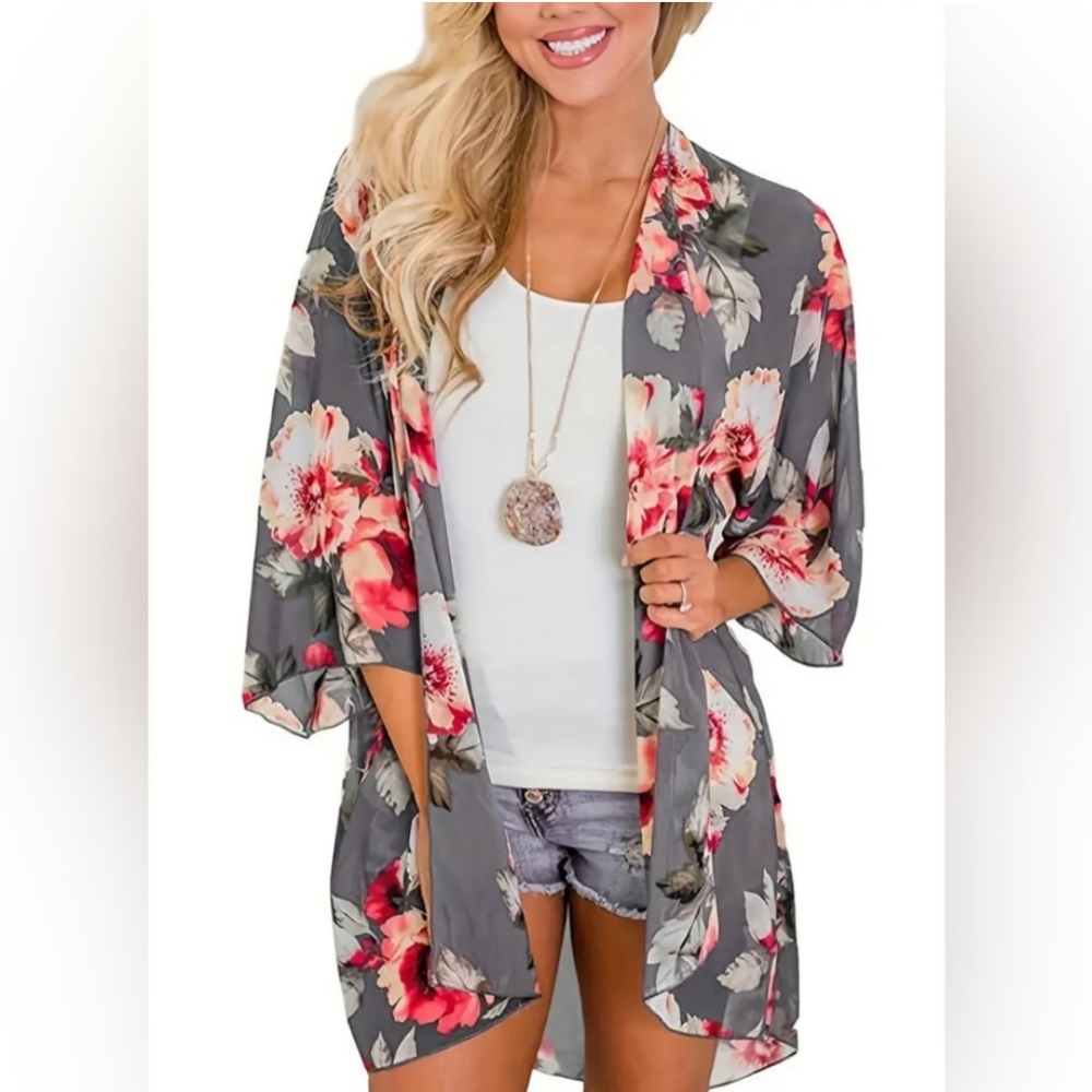 Chiffon Grey Floral Kimono ~ Size L